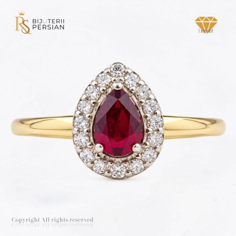 Inel aur galben cu rubin lacrimă și diamante naturale IGI