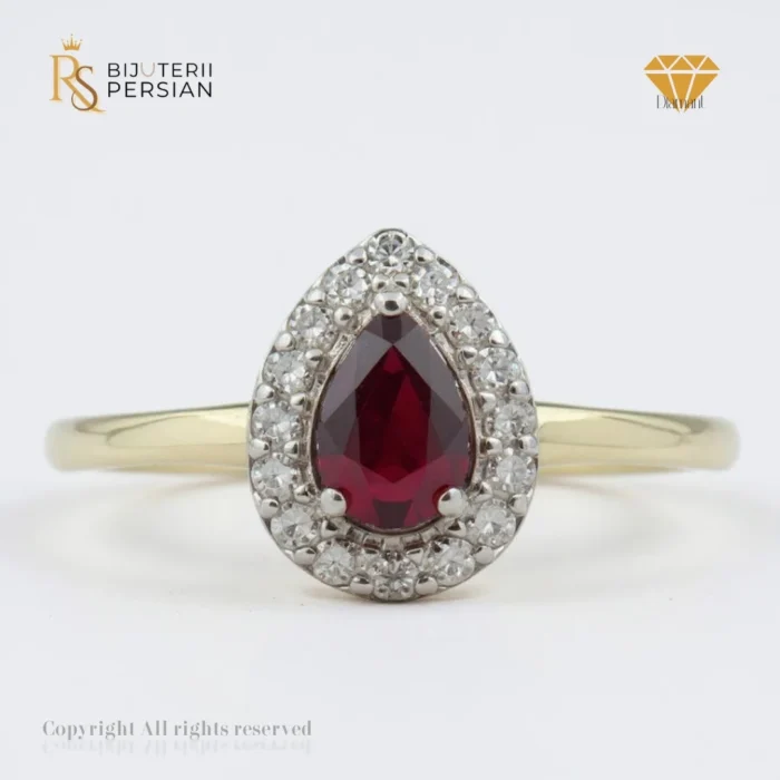 Inel aur galben cu rubin lacrimă și diamante naturale IGI