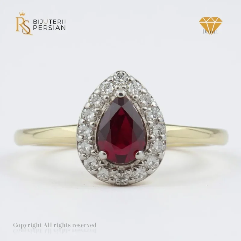 Inel aur galben cu rubin lacrimă și diamante naturale IGI