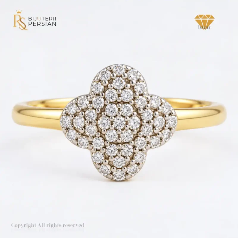 Inel din aur galben cu diamant natural în formă de trifoi