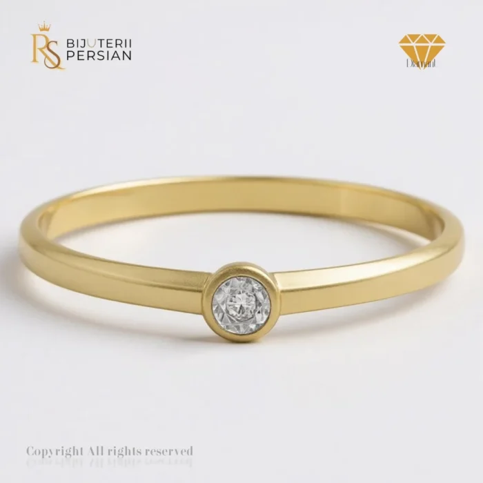 Inel subțire din aur galben cu diamant natural rotund 0.01 ct, montat în Bezel, certificat IGI