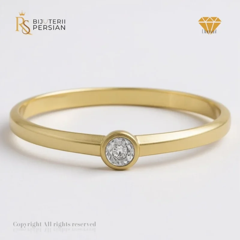 Inel subțire din aur galben cu diamant natural rotund 0.01 ct, montat în Bezel, certificat IGI