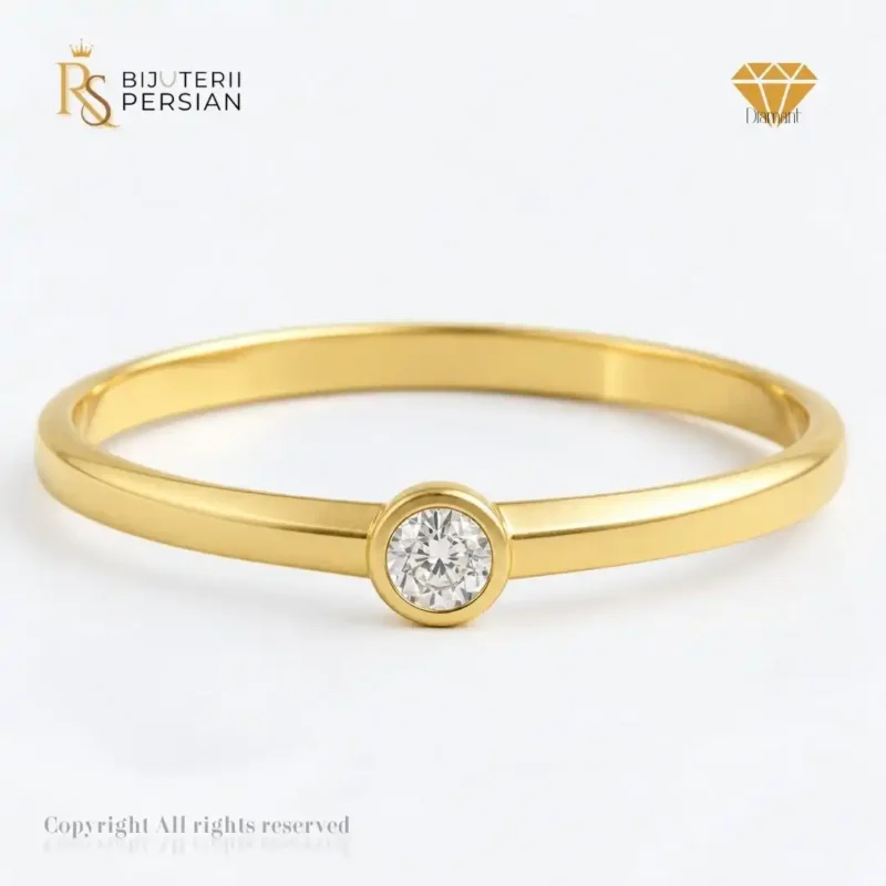 Inel subțire din aur galben cu diamant natural rotund 0.01 ct, montat în Bezel, certificat IGI