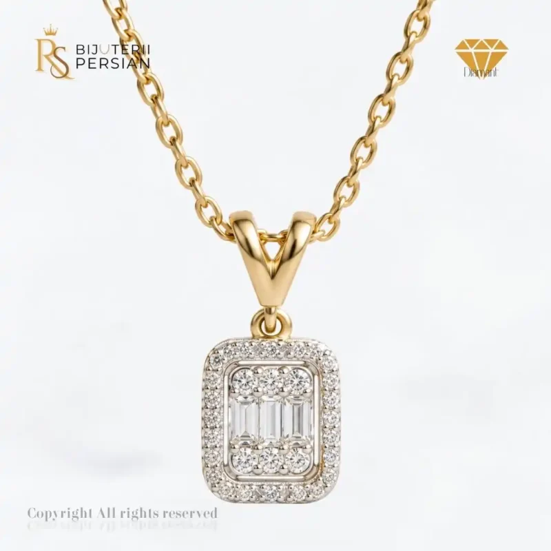 Pandantiv pătrat cu diamante naturale și lanț din aur galben 14K