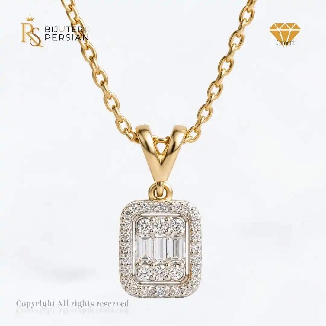 Lantisor-cu-pandantiv-din-aur-galben-14K-cu-diamante-naturale-certificat-HRD Pandantiv pătrat cu diamante naturale și lanț din aur galben 14K