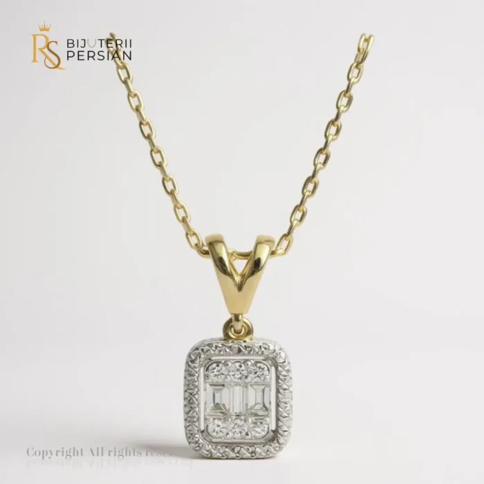 Pandantiv pătrat cu diamante naturale și lanț din aur galben 14K - imagine 1