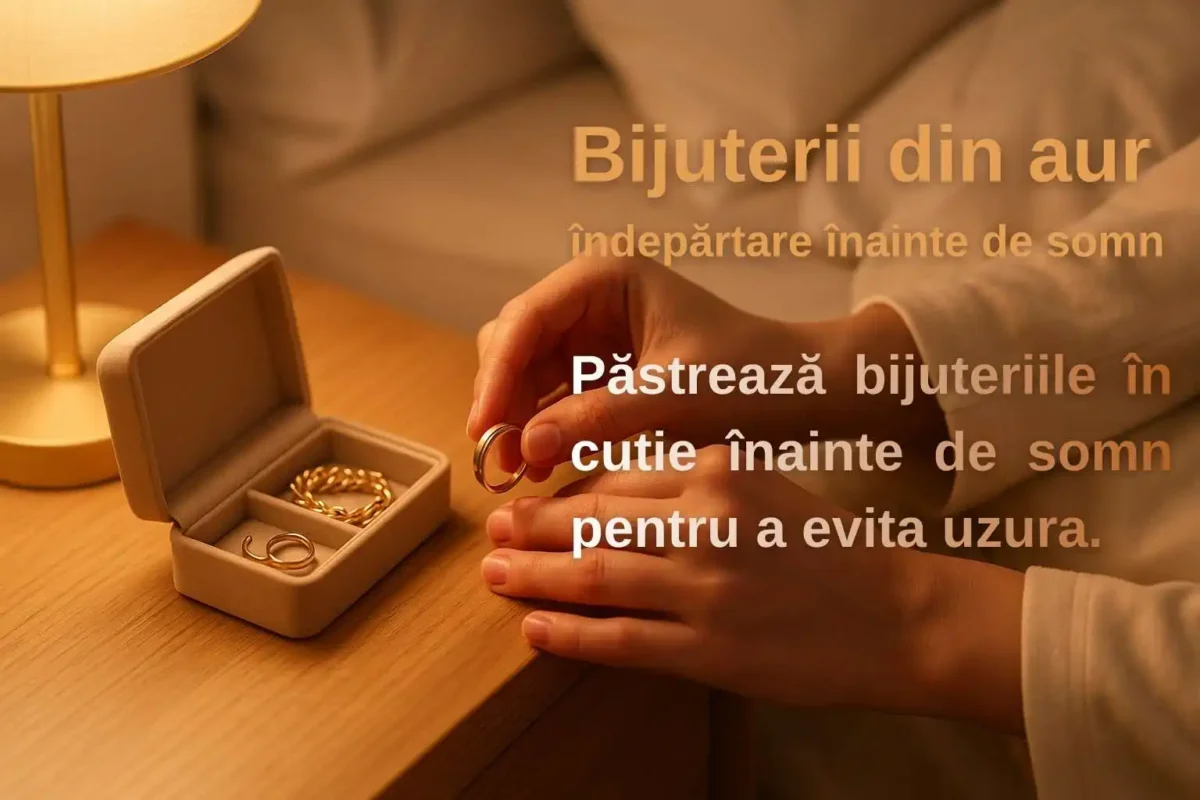 Îndepărtarea unui inel din aur înainte de somn, pe noptieră, lângă o cutie de bijuterii