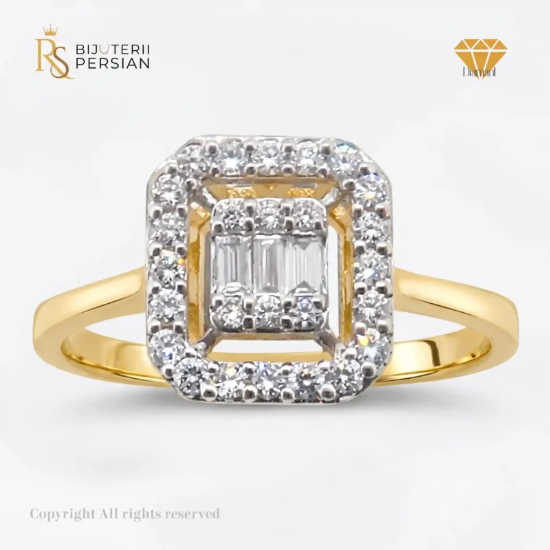 Inel aur 14K cu diamante baguetă și halo dublu, certificat IGI