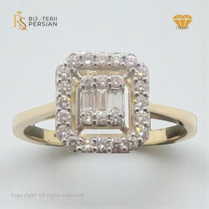 Inel aur 14K cu diamante baguetă și halo dublu, certificat IGI