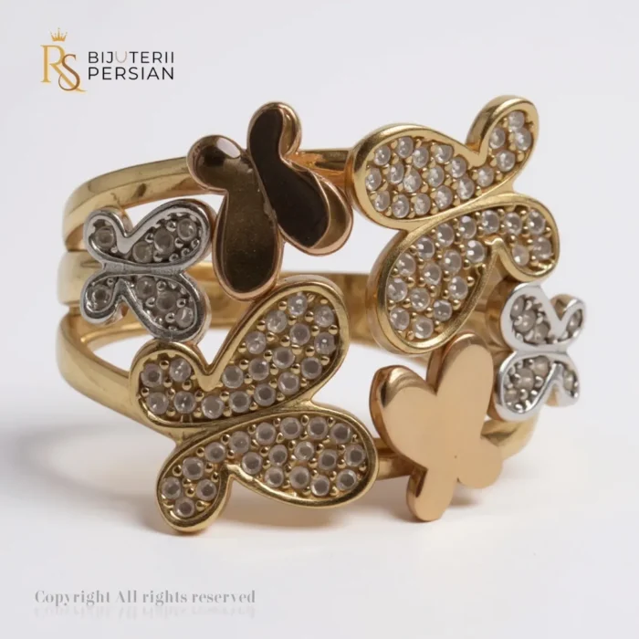Inel din aur 14K cu fluturi multipli și design pavé – Bijuterii Persian