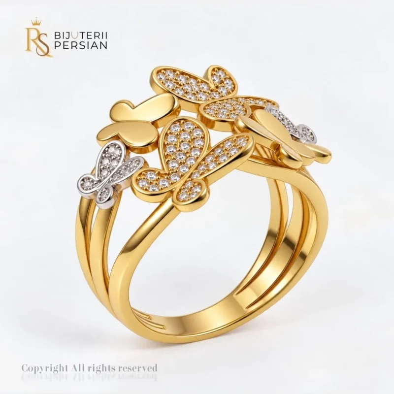 Inel din aur 14K cu fluturi multipli și design pavé – Bijuterii Persian