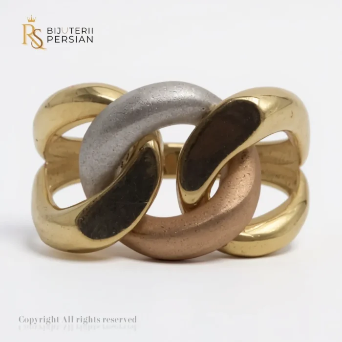 inel modern din aur galben, alb și roz 14K, model statement