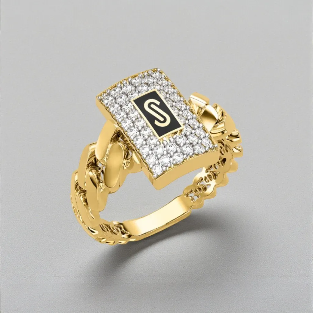 Inel din aur 14K cu inițială personalizată, model Cuban, pavé cu zirconii – Bijuterii Persian