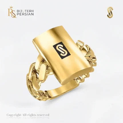 Inel aur galben 14K Monaco Classic Plain Lock original cu placuta lucioasa polizata si corp din zale Cuban