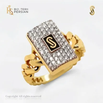 Inel aur galben 14K Monaco Pave Lock original cu placuta incrustata cu pietre zirconiu si corp din zale Cuban