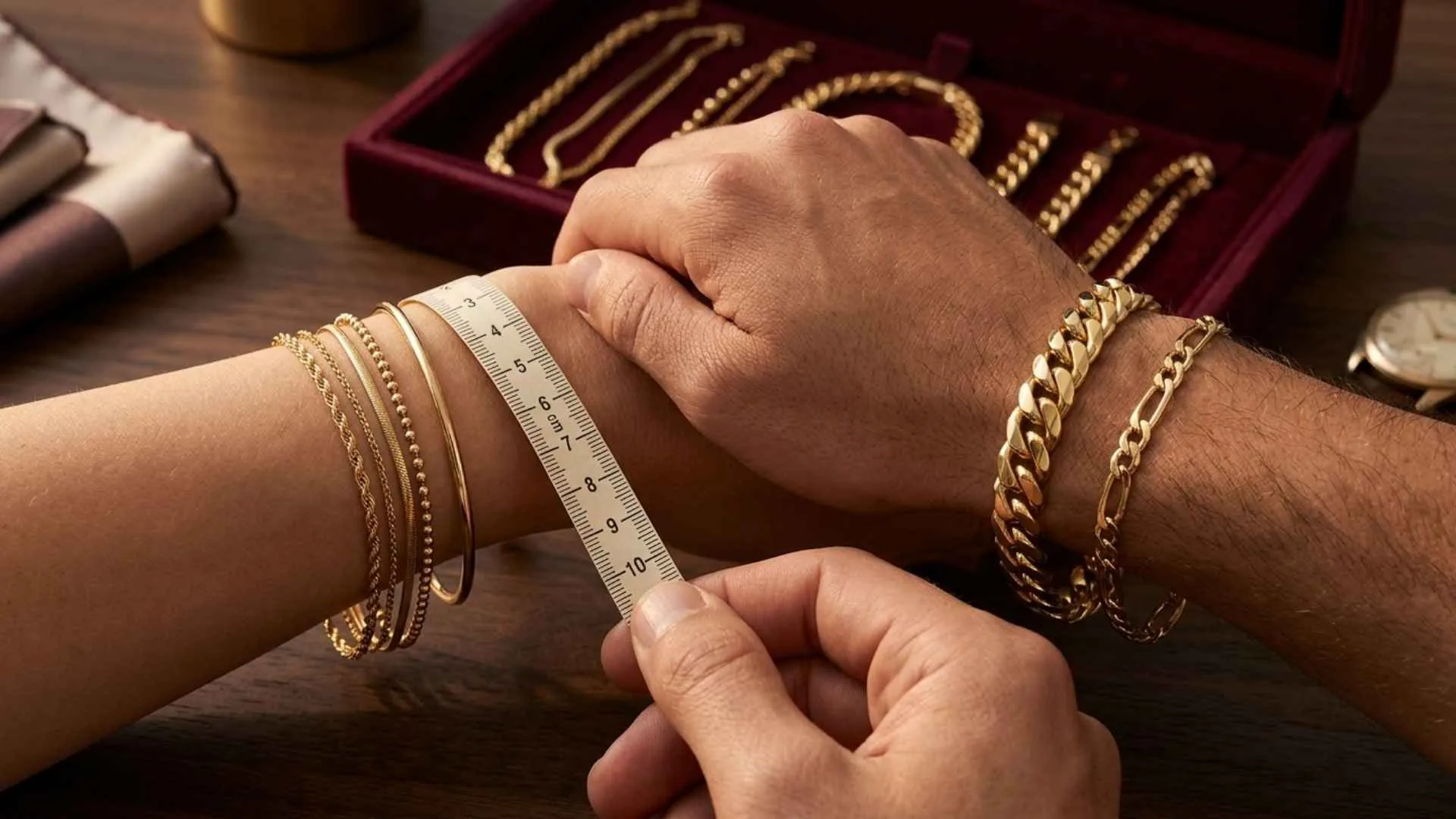 Alegere brățări aur pe mână: Mâini cu diverse stiluri de lanțuri