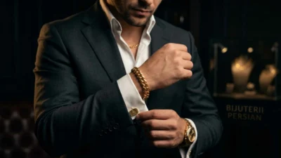 Bărbat elegant purtând brățară și lanț din aur galben - Bijuterii Persian