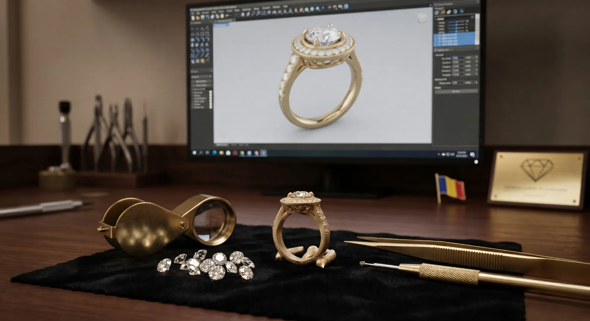 Close-up cu marcajele aurului 585 pe interiorul unui inel de lux la Bijuterii Persian.