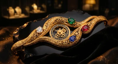 Compoziție de lux cu diamante, smaralde, safire și rubine în aur de 18k pe fundal negru la Bijuterii Persian