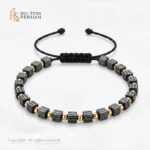 Bratara aur galben cu snur si cuburi hematit din aur 14K cu bile aurite si cuburi din hematit striat pe impletitura neagra