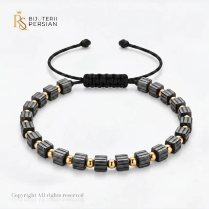 Bratara aur galben cu snur si cuburi hematit din aur 14K cu bile aurite si cuburi din hematit striat pe impletitura neagra
