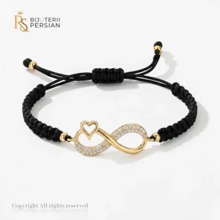 Bratara snur negru infinit aur 14K cu inima si pietre zirconiu reglabila pentru dama