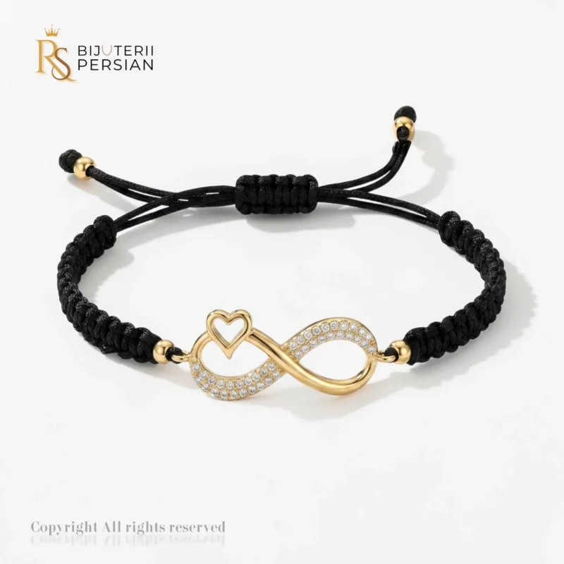 Bratara snur negru infinit aur 14K cu inima si pietre zirconiu reglabila pentru dama