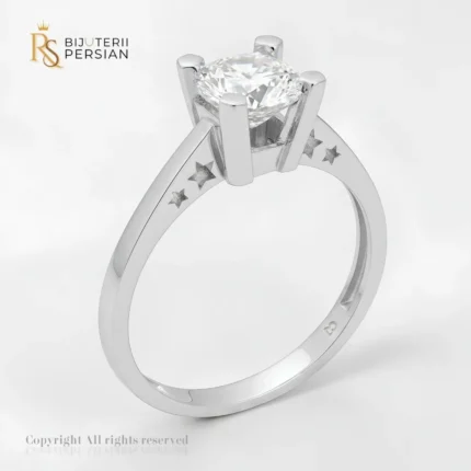 Inel aur alb cu stele gravate pe brat si piatra mare centrala rotunda din aur 14K
