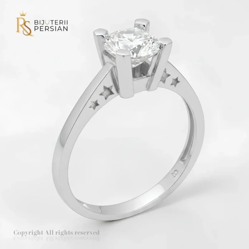 Inel aur alb cu stele gravate pe brat si piatra mare centrala rotunda din aur 14K