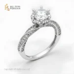 Inel aur alb halo cu brat rasucit din aur 14K cu diamant central inconjurat de pietre mici