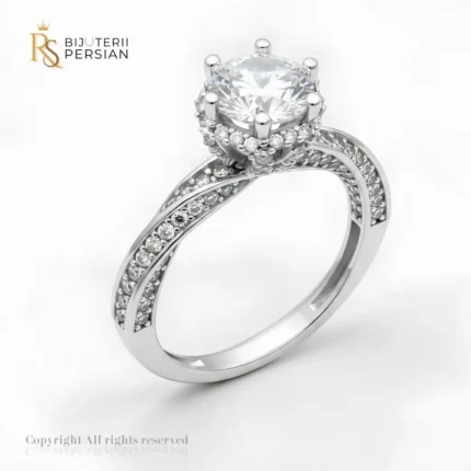 Inel aur alb halo cu brat rasucit din aur 14K cu diamant central inconjurat de pietre mici
