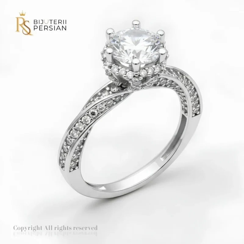 Inel aur alb halo cu brat rasucit din aur 14K cu diamant central inconjurat de pietre mici