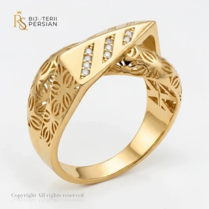 Inel aur galben model piramida cu trei linii de zirconiu si laterale filigran din aur 14K