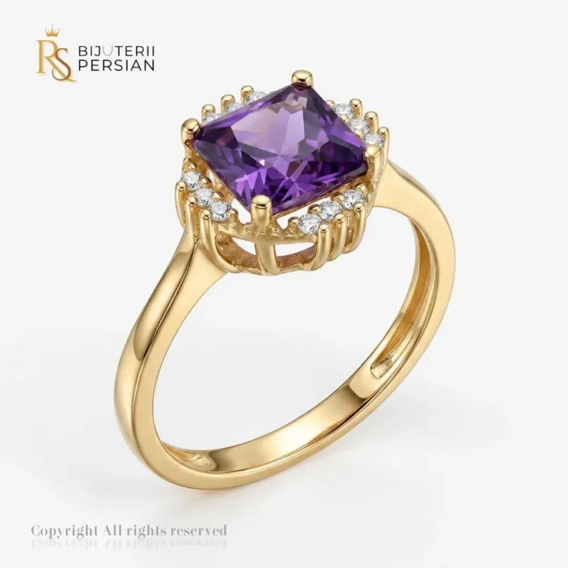 Inel aur galben piatra mov centrala patrata si halo de zirconii albe din aur 14K
