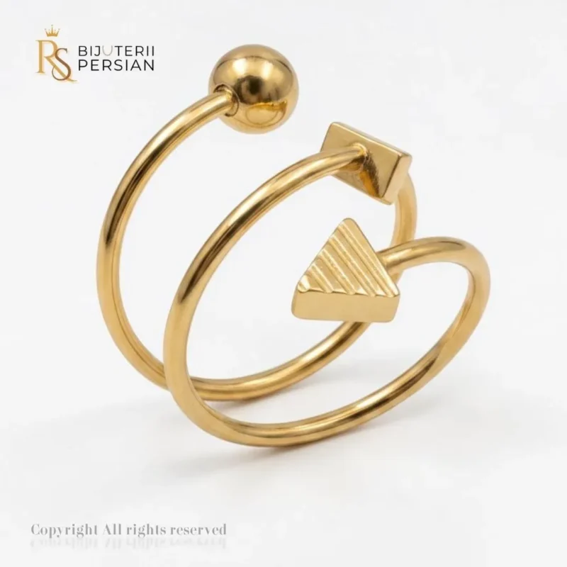 Inel aur galben spiralat geometric pe trei randuri cu sfera patrat si triunghi din aur 14K