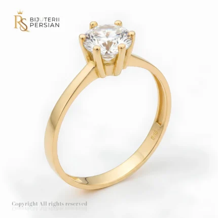 Inel de logodnă clasic din aur galben 14K cu o piatră mare rotundă strălucitoare în șase gheruțe