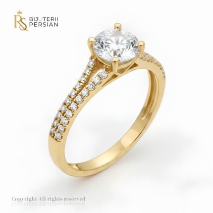 Inel de logodnă cu braț bifurcat din aur galben 14K pavé cu piatră centrală rotundă
