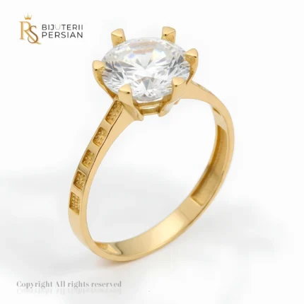 Inel de logodnă cu model pe braț din aur galben 14K cu detalii geometrice pătrate și piatră mare