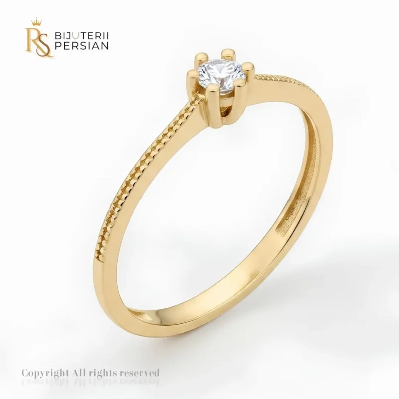 Inel de logodnă cu model punctat pe braț din aur galben 14K și coroană cu 6 gheruțe