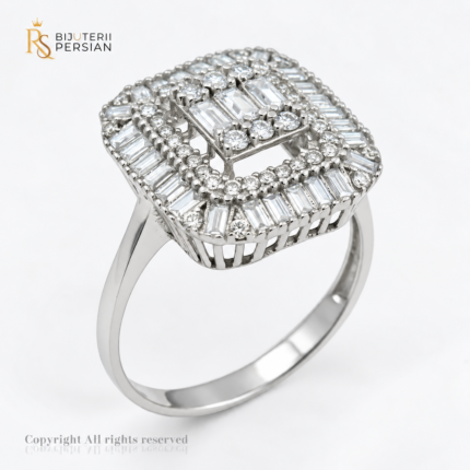 Inel de logodnă din aur alb pătrat baghetă din aur 14K cu design cluster mozaic de lux