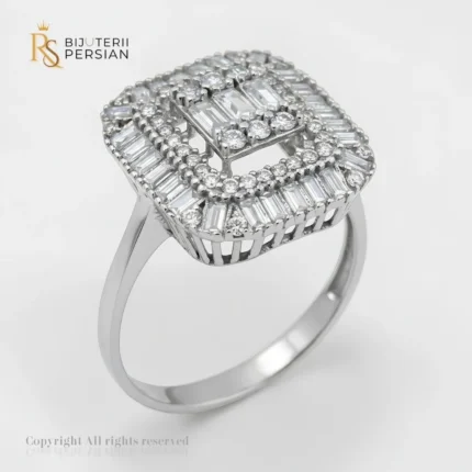 Inel de logodnă din aur alb pătrat baghetă din aur 14K cu design cluster mozaic de lux
