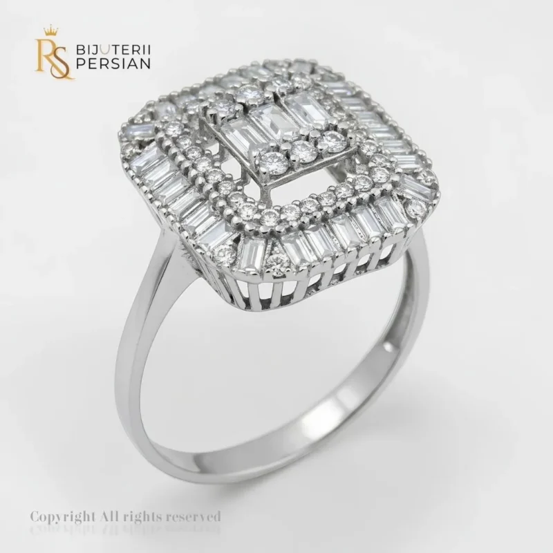 Inel de logodnă din aur alb pătrat baghetă din aur 14K cu design cluster mozaic de lux