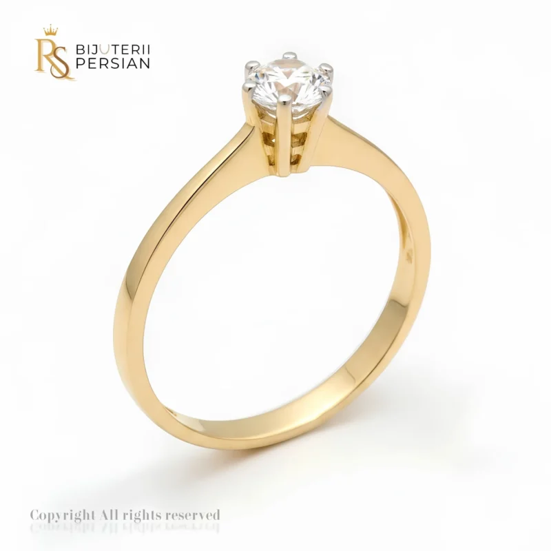 Inel de logodnă solitaire din aur galben 14K cu o piatră centrală strălucitoare în 6 gheruțe