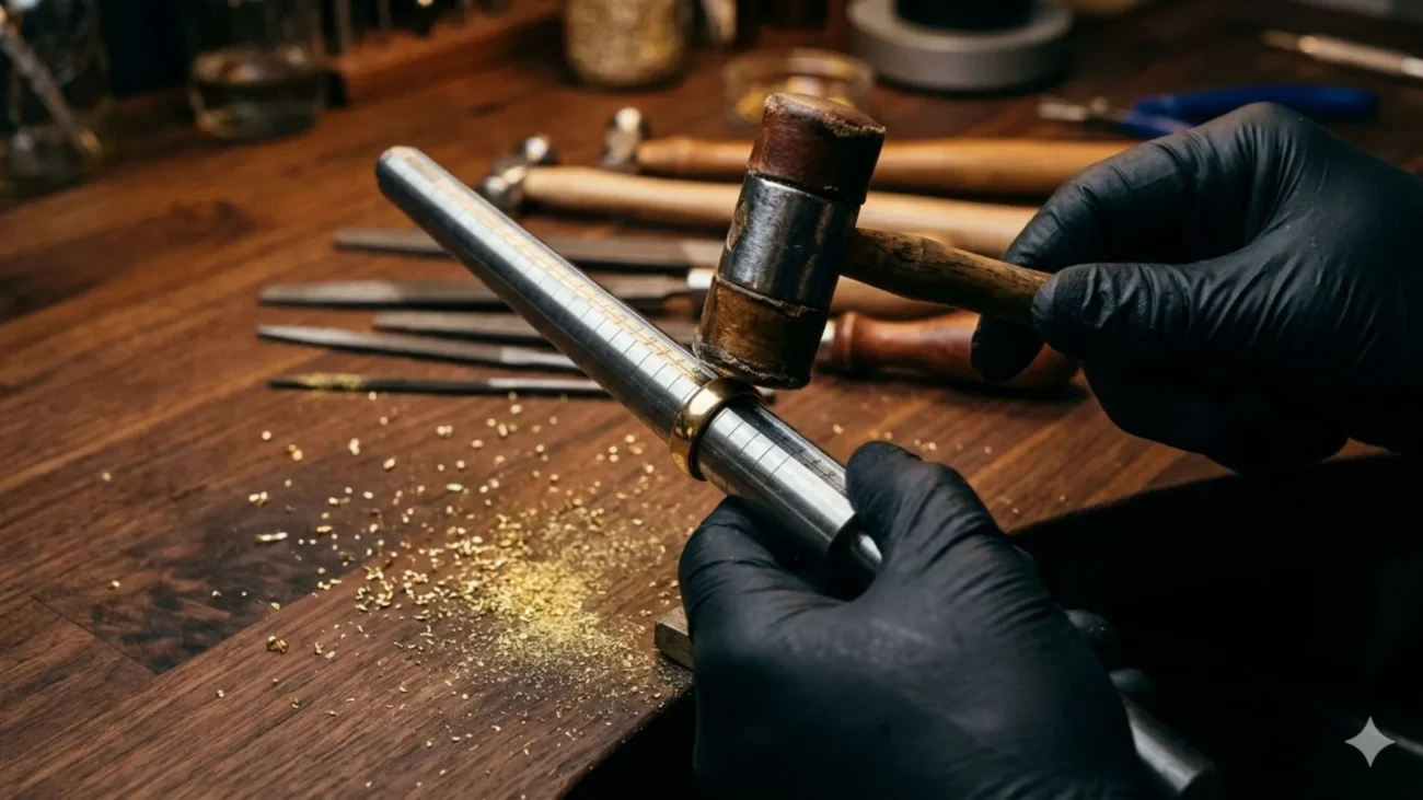 Bijutier expert măsurând și ajustând dimensiunea unui inel de aur în atelier