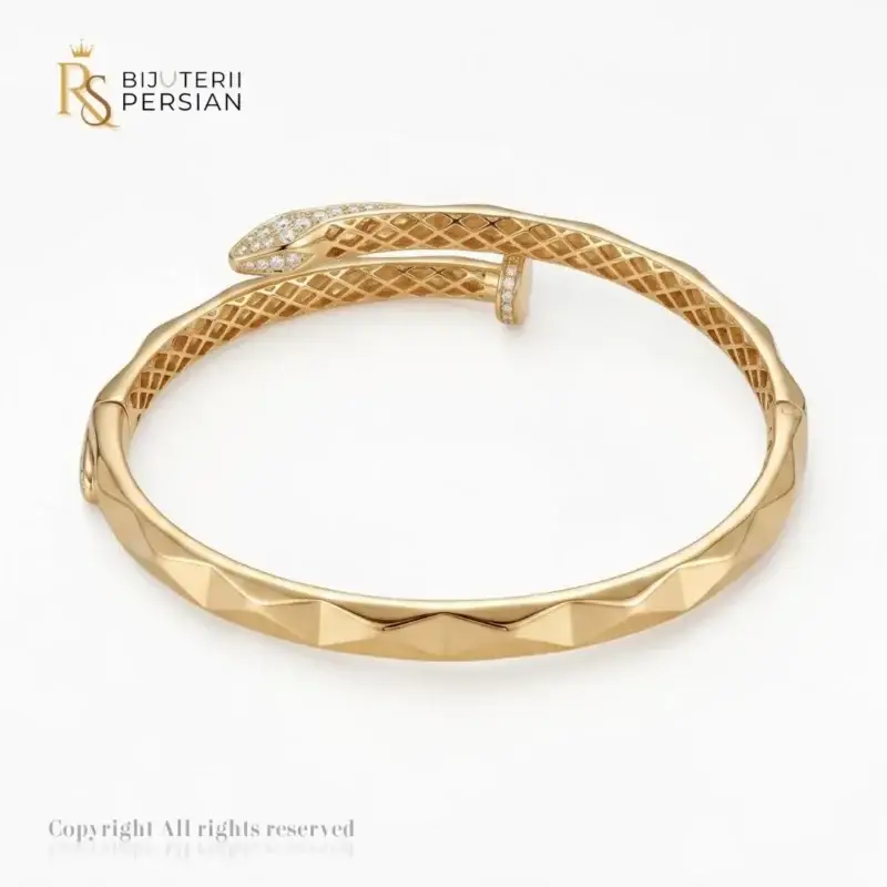 Brățară fixă aur galben 14K model exclusivist șarpe și cui cu cap pavat cu zirconii