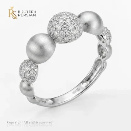 Inel aur alb cu zirconiu 14K model Stellar Spheres cu sfere mate sablate si sfere pavate cu pietre