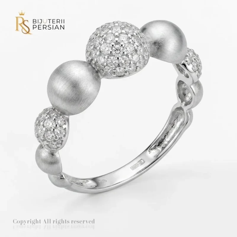 Inel aur alb cu zirconiu 14K model Stellar Spheres cu sfere mate sablate si sfere pavate cu pietre