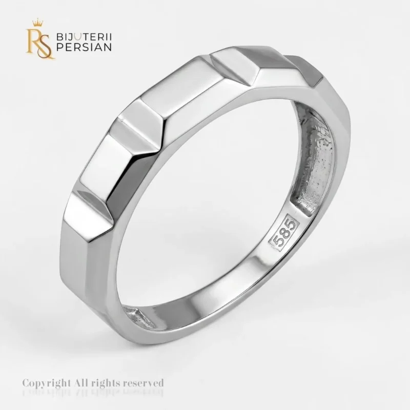 Inel aur alb simplu 14K model Faceted Prism cu taieturi geometrice si finisaj lucios de tip oglinda