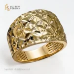 Inel aur galben 14K model bombat cu textură diamantată asimetrică și interior fagure ergonomic