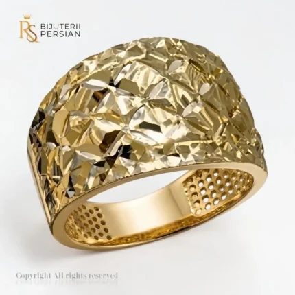 Inel aur galben 14K model bombat cu textură diamantată asimetrică și interior fagure ergonomic